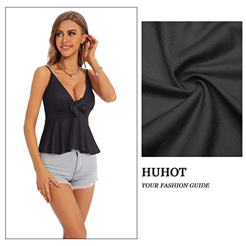 HUHOT Women's Floral Ruffle Top Tie Front Sleeveless V Neck Adjustable Spaghetti Strap Cami2