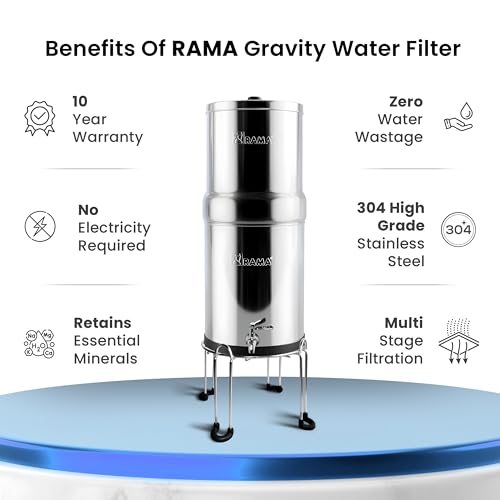 Image of RAMA Gravity Water Filter | 12L Total Capacity (6L Storage) | 304 Stainless Steel Non-Electric Purifier for Home | Includes 2 Spirit Candles, SS Tap & SS Stand | 10-Year Warranty