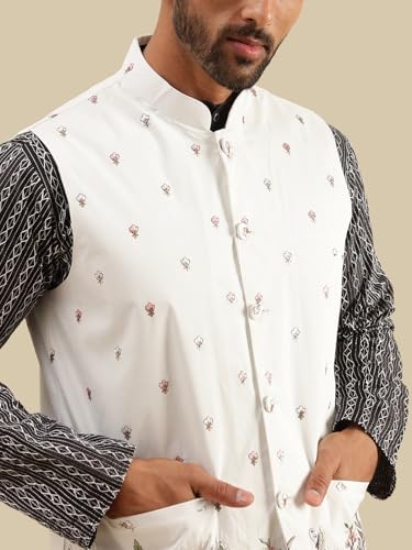 Image of SOJANYA Men's Silk Blend Black Kurta and White Pyjama With Daman Embroidered Black Nehru Jacket