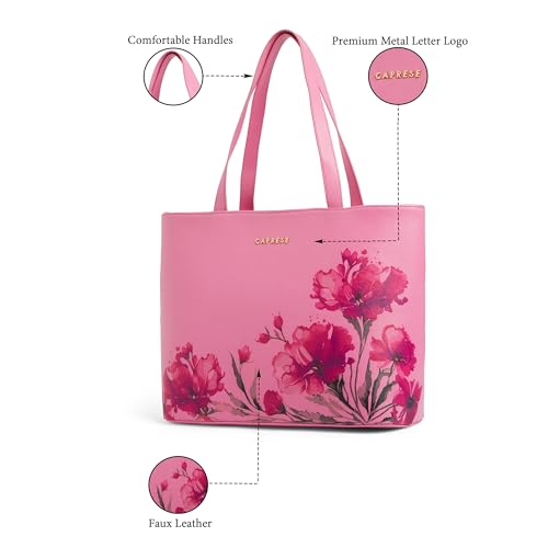 Image of Caprese Chloe Large Floral Tote Bag for Women|Stylish, Durable, Multi-Compartment Design for Work, Travel, Shopping |Comfortable Straps Shoulder Bag, Ideal for Laptop & Essentials (Violet)