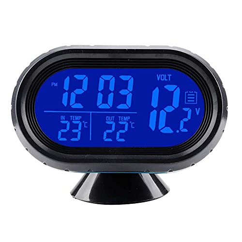 Riloer 12V Car Digital Thermometer Voltmeter Clock Alarm Monitor Orange+Blue, Clock LCD Detector LED Display, Multifunctional Auto Meter Clock Voltage Freezing Temperature Gauge