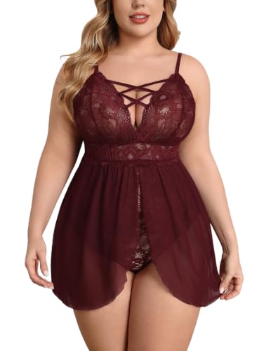 Image of Avidlove Plus Size Babydoll Womens Snap Crotch Lingerie V Neck Lace Nighty Sleepwear L-5XL