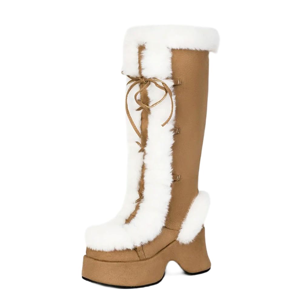 JJDFW Fluffy Warm Winter Long Boots For Women Snow Boot Faux Fur Lace-up Thick Platform Female Cosplay Christmas Shoes