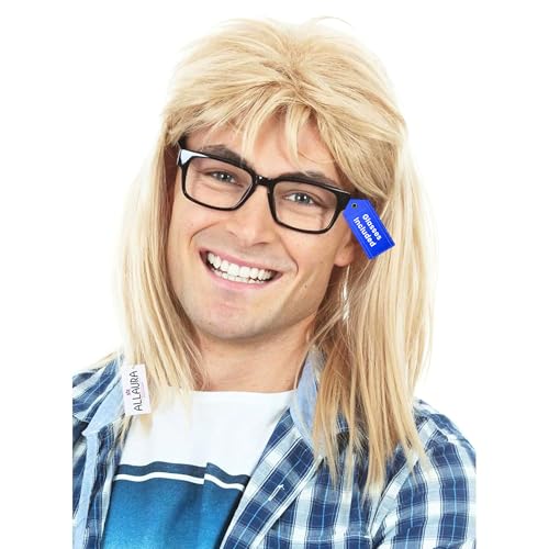 ALLAURA Compatible with Garth Wig – Blonde Mullet Wig + Black Glasses for Men – 80s 90s Rocker, Punk, Heavy Metal Costume – Funny Halloween Couples Outfit, Party Cosplay, Garth &amp; Wayne Duo Look