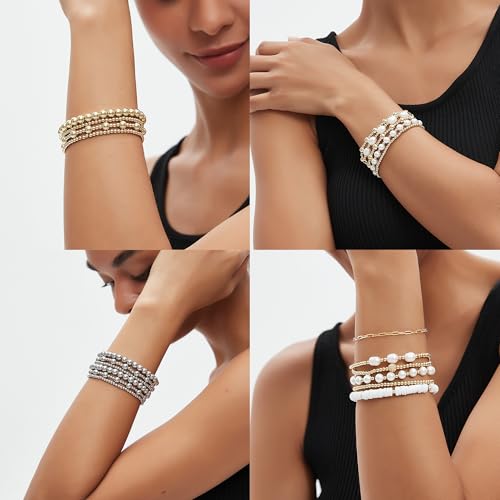 Gold Silver Bracelets for Women,Stackable Bead Ball Bracelets 14K Gold Plated Beaded Bracelet Adjustable Elastic Jewelry4