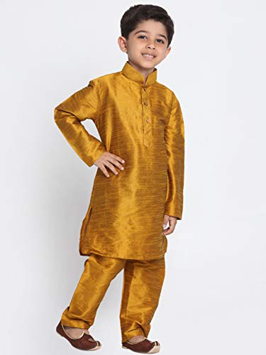 Image of VASTRAMAY Boys' Mustard Silk Blend Kurta Pyjama Set with Muslim Prayer Cap & Full-Length Slip-On Pyjama with Elastic Waistband - Ethnic Wear for Eid