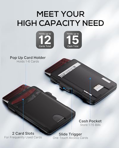 Minimalist Mens Wallet Card Holder: Pop Up Card Case, Genuine Leather, Smart, RFID Blocking, Slim, Thin, Front Pocket, Gift Box - 9-12 Card Capacitiy, Cash Pocket (Black)2