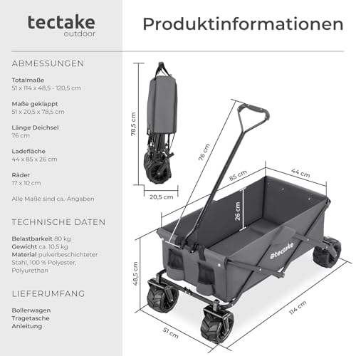 tectake® Faltbarer Bollerwagen, klappbarer Bollerwagen, extra breite Gummireifen, als Einkaufstrolley, Transportwagen, Strandwagen, faltbar und klappbar mit einem Griff, Klappbollerwagen - grau – Bild 7
