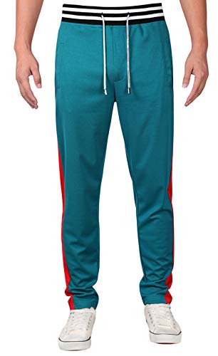 Yong Horse Mens Casual Gym Workout Jogger Pants Sweatpants Track Pant Trousers with Pockets Slim Fit Sports Fitness Bodybuilding Stripe Drawstring Fashion Comfortable Lightweight (Green-Red, M)