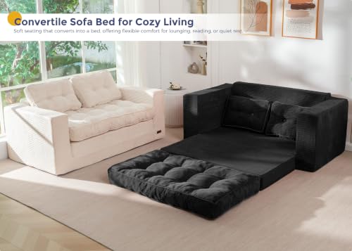 Image of MAXYOYO Convertible Sofa Bed, Pull Out Loveseat Sofa Couch, 2 in 1 Folding Couch Bed, Fold Out Floor Couch with Pillows for Living Room Bedroom Lounge, Black