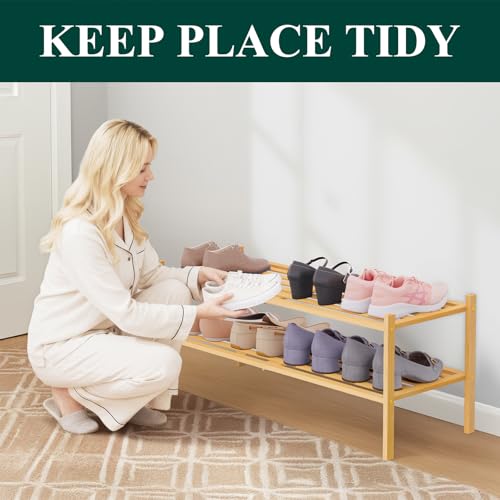 Image of Smiry Bamboo Shoe Rack, 5 Horizontal Slats, 2 Tier - 33.9 inch Wide, Natural