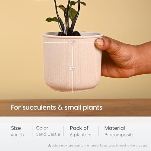 Image of Eha Earth Friendly Statement Pot 4 Inch Pots and Planters Set of 6 |Table Top Planters| Bamboo Based, UV Protected | Planter for Indoor & Balcony Window Flower Pots | Sand Castle