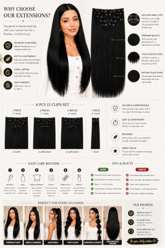 Image of Salon-Grade Clip-in Hair Extensions for Women, Imported Synthetic Hair, 6 PCS with 13 Secure Clips, Instant Volume, Natural Blend, Reusable Hair Volumizer (Black, Straight)