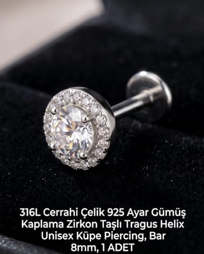 316L Cerrahi Çelik Gümüş Kaplama Tragus Helix Küpe Piercing Kararmaz Alerji Yapmaz Zirkon Taşlı Küpe Bar 8 mm Unisex Tekli Kadın Erkek Uyumlu Cartilage Kıkırdak Piercing