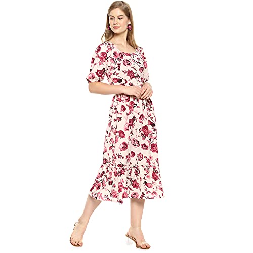 Image of PINACOLADA Women's Floral Print Dress with Ruffle Detail for Casual Wear | Short Sleeve | Crepe Midi Length Dress Crafted with Comfort Fit and for Everyday Wear