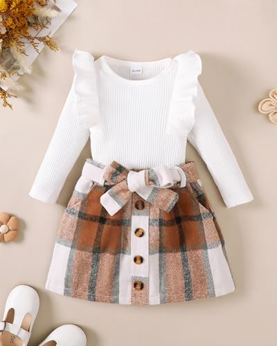 Baby Girl Clothes Sets: Fall Winter Outfits Ruffle Sleeve Ribbed Tops Button Mini Skirts Set for Toddler 9-48 Months2