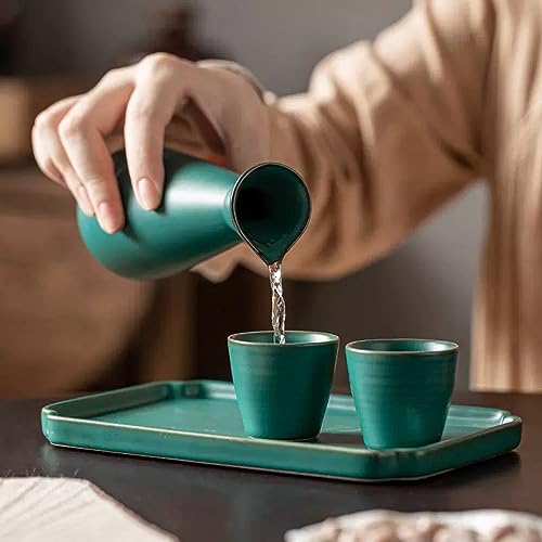 Juego de sake japonés REVLIE de cerámica verde con 4 tazas y bandeja retro 5