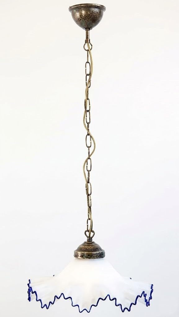 Lampa wisząca z mosiądzu oksydowanego z niebieskim szkłem Murano