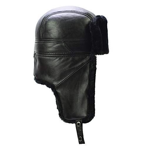 Sandy Ting Trapper Trooper Leather Hat Windproof Warm Ear Flaps Skiing Hat (X- Large (22 1/2-22 3/4 inches)) Black
