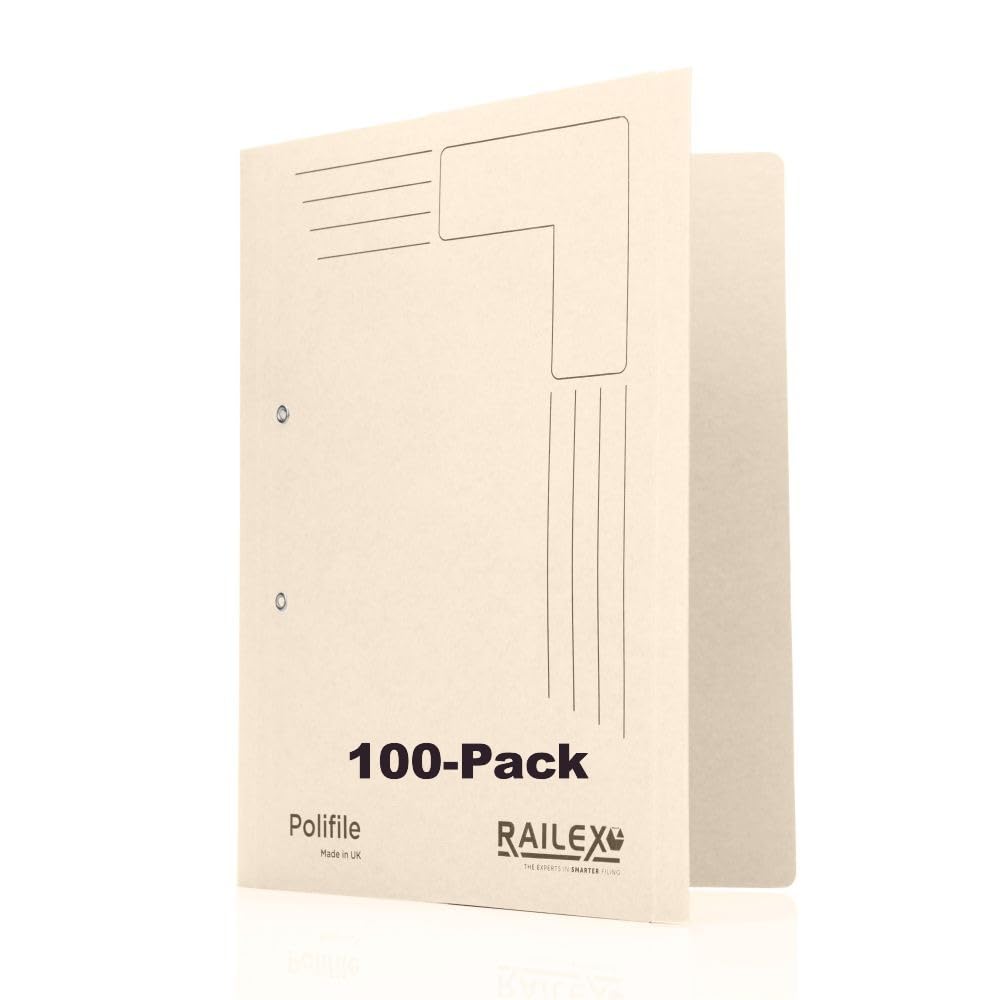 Railex Polifile A4 Folder - Ivory Pack of 100 for Paperwork A4, Lever Arch File and Ring Binder Alternatives with Flexible Spine and Document Wallet, Cardboard Folders with Durable Plastic Prong
