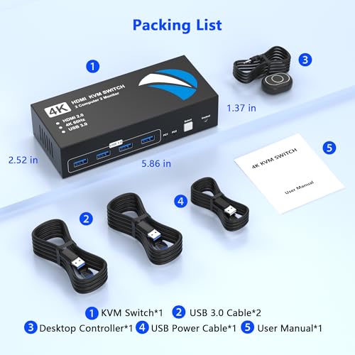 Image of HDMI KVM Switch 2 Monitors 2 Computers, 4K@60Hz USB KVM Switches Dual Monitor with 4 USB 3.0 Ports Sharing Keyboard Mouse Printer, Monitors Switch for 2 Computers, HDMI Switcher 2 in 2 Out