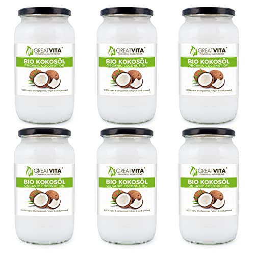 GreatVita Bio Kokosöl, nativ, (6 x 1000 ml) im Glas zum Kochen Braten Backen Hautpflege GreatVita Bio Kokosöl, nativ, (6 x 1000 ml) im Glas zum Kochen Braten Backen Hautpflege