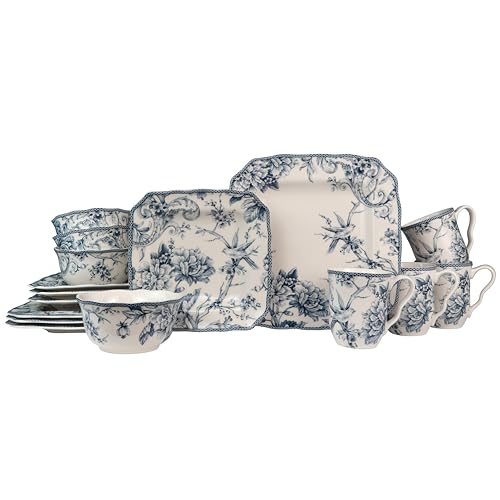 222 Fifth Adelaide 16-Piece Floral Porcelain Dinnerware Set | Microwave and Dishwasher Safe Dining Set for 4 | Stackable and Chip-Resistant Plates Bowls and Cups | Gift for Housewarming and Wedding