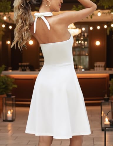Image of CiCiBird Women's Halter Neck Mini Dress with Pockets Scalloped Neck Retro A-Line Cocktail Party Dress Backless Bow Tie