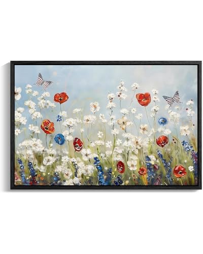 Image of Wildflower Field Framed Canvas Wall Art, 4th of July Red White Blue and Butterfly Canvas Prints, Rustic Landscape Patriotic Decorations, Independence Day Wall Decor for Bedroom Living Room 24x32