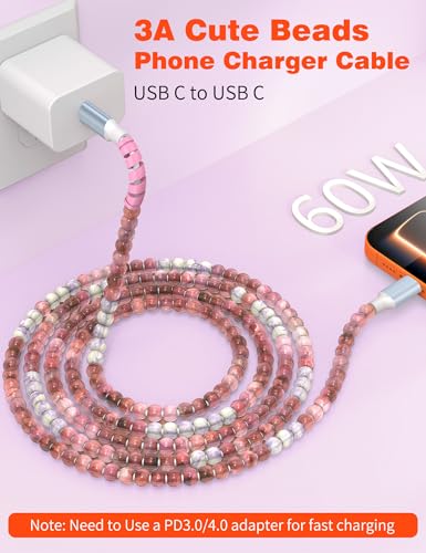 Image of USB C to USB C Cable 3FT,60W Beaded Phone Fast Charging Cord&Car Charger for iPhone 17 16 15 Pro Max /iPad Air 10th A16 for Samsung S26 S25 S24 Ultra A17 Android Phone Charger Cute Girl Women,PurpleRed