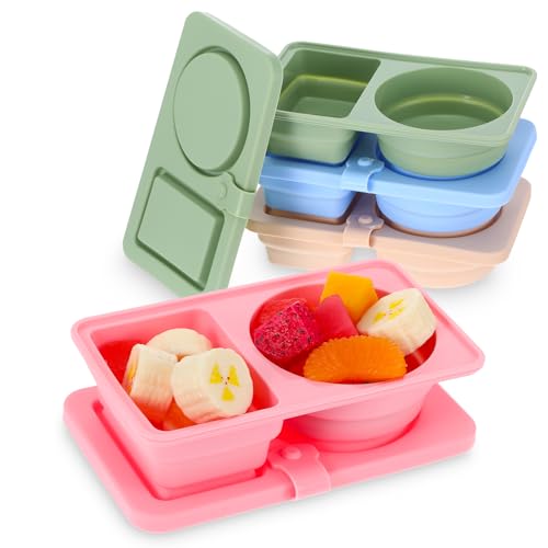 Meyeyaia 4 Pack Silicone Reusable Snack Containers with Lids,Double Compartment Snackle Box Containers,Mini Salad Dressing Sauce Seasoning Divided Container,Food Snack Boxs for Travel, Office, Picnic
