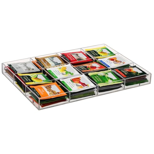 Weysat Tea Bag Organizer 12 Grids Clear Acrylic Holder with 12 Slots Tea Packet Storage Box Containers for Kitchen, Countertop, Cabinet, Drawer, Coffee Bar, Pantry