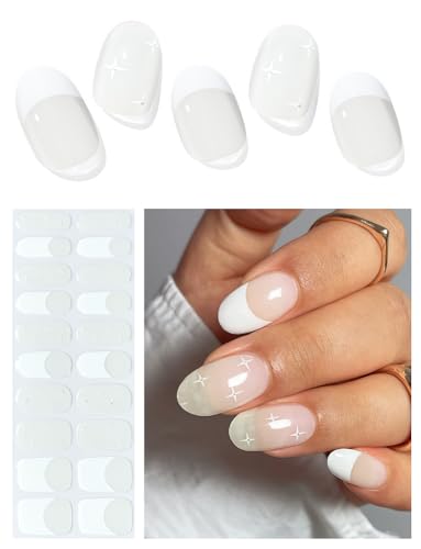AutyaMee Tiras de unhas de gel semicuradas (estrela francesa), brancas, 20 peças de envoltórios de u