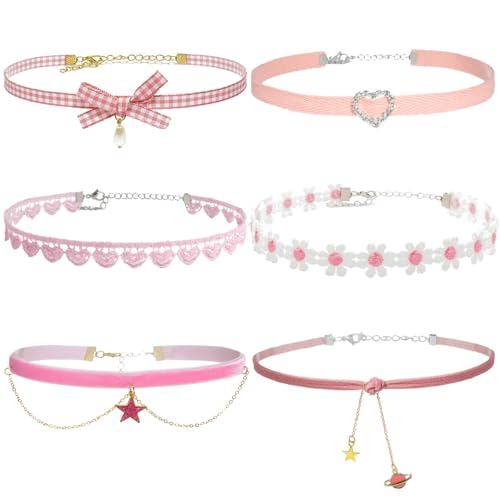 Nova&Aria 6PC Pink White Chokers Set For Women Heart Pearl Choker Necklaces Flower Pendant Velvet Cute Choker Necklace Classic Tattoo Colorful Lace Chokers-24