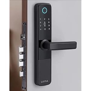 LAVNA LA24 Smart Door Lock with Bluetooth Mobile App, Fingerprint, RFID Card, PIN, OTP and Manual Key Access for Wooden Doors (Black)