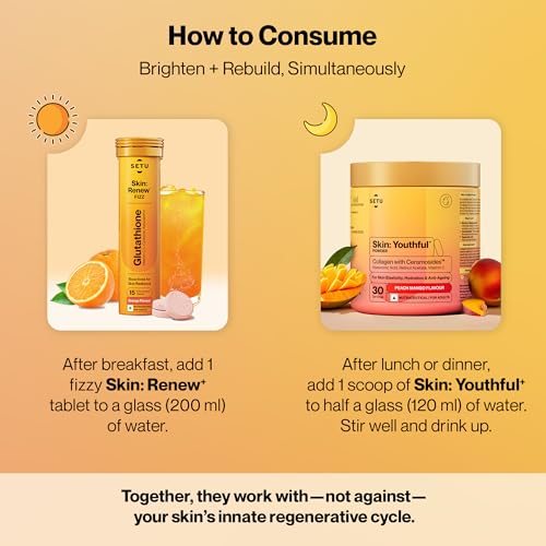 Setu Skin Renew Glutathione Fizz 60 Tablets for Skin Glow & Brightness with Skin Youthful Marine Collagen Powder (Peach Mango, 600 g) | Fight Fine Lines & Wrinkles | Powered by Master Antioxidant Glutathione | Promotes Radiant Skin | Skin Supplements for Women & Men (Combo Pack)