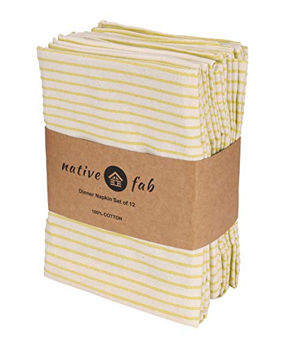 Native Fab Set of 12 Farmhouse Stripe Cloth Dinner Napkins Cotton 18x18 Absorbent Soft Restaurant Hotel Quality, Everyday Use Easy Care Washable Wedding Dinner Napkins Yellow Beige