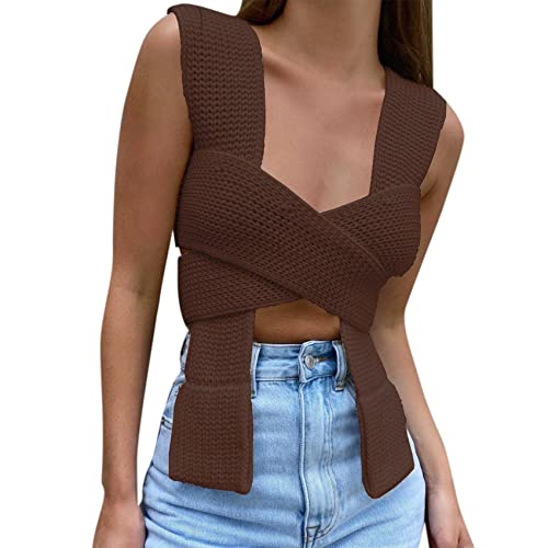 Image of JUMISEE Women's Sexy Wrap Around Strappy Crop Top Knit Multi Wear Sweater Tank Tops Sleeveless Bandage Vest