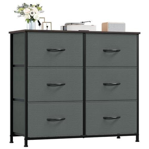 Somdot Kommode mit Schubladen aus Stoff, Komodenschrank, Kommode für Schlafzimmer Wohnzimmer Flur, Schubladenschrank Aufbewahrungsschrank Stoffkommode, 6 Stoffschubladen, Kohlegrau