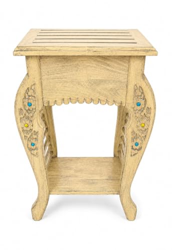 Image of Multipurpose Table Outdoor Indoor Stool Flower Vase Stool with One Drawer Material Mango Wood Size 30.5CM x 30.5CM x 53.3CM (Lite Yellow Antique)