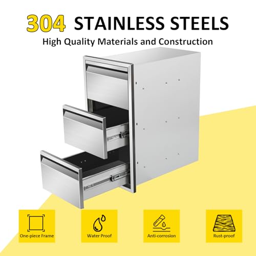 Image of Outdoor Kitchen Drawers 14 inch W x 25.4 inchH x 21 inchD Triple BBQ Drawers Stainless Steel Built-in Drawer for Outdoor Kitchen Island, Patio Grill Station