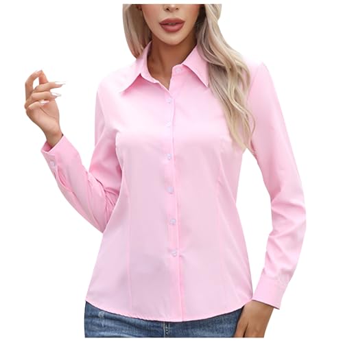 Camisa con botones para mujer, casual, color liso, manga larga, con solapa, ajuste clásico, para negocios, trabajo, oficina, elegante, formal, básica, ligera, ropa de otoño, Rosa 1, 3XL