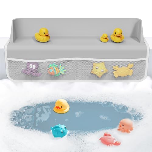 Image of YGRSH Bathtub Splash Guard - Kids Bath Tub Shelf and Organizer for Baby Bath Toys, 8 Suction Cups Attach to Bath Tub with 4 Mesh Pockets - Gray