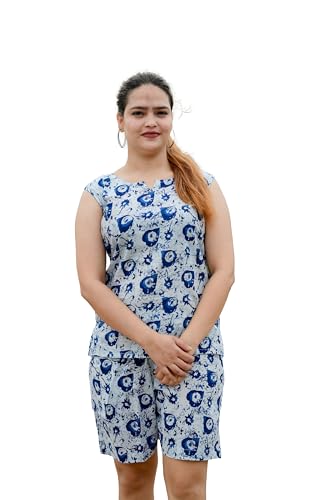 Image of Women's Cotton Night Suit Set - Soft Half Sleeve Top & Printed Shorts for Comfortable Sleepwear & Loungewear | Stylish Summer Nightwear for Women