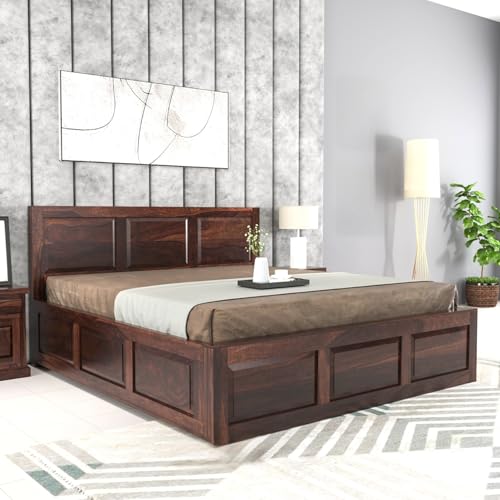 Image of Sheesham Wood King Size Bed with Storage Box | Wooden Box Bed King Size Double Cot Bed with Storage for Bedroom | Premium 3 Dalla Design Headboard Bed for Hotel, Home | Walnut Finish