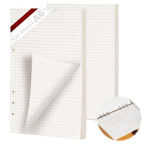 KINETOX 2 Pack Ringbuch A6 Nachfüllbare 120 Blätter Papiera 6 Loch Karierte A6 Nachfüllpapier Nachfüllbare Refill Paper Nachfülleinlagen für a6-Notizbücher Tagebücher Skizzen Agenden Planer