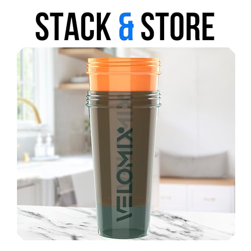 VELOMIX -2 Pack- 28 oz Protein Shaker Bottles for Protein Mixes - 2x Wire Whisk | Leak Proof Shaker Cups for Protein Shakes | Protein Shaker Bottle Pack | Shakers for Protein Shakes-Green&Orange