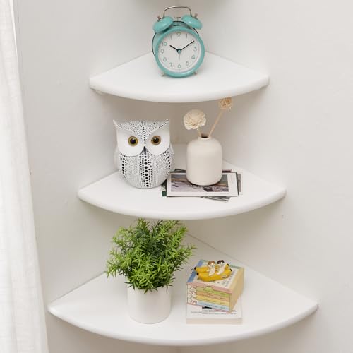 Image of Corner Shelves, Floating Corner Shelf, Set of 3 Solid Oak Wood Corner Wall Shelves, Round End with Wire Hole Shelving for Small Plant for Bedroom Kitchen, Living Room (Size 9 /10 /12in)