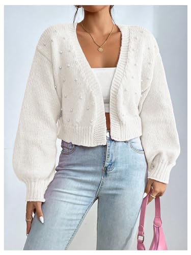 SHENHE Women's Pearl Beaded Open Front V Neck Drop Shoulder Cropped Cardigan Sweater3