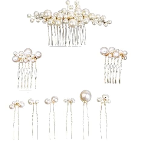DHANABAPA Gold Wedding Bridal Hair Combs Pearl Hair Pins Clips Vintage Hair Headpiece Jewelry for Bridesmaids Brides Flower Girls Hair Accessories, juda pin, Bun pin, Hair Jewelry, 9Pcs, Gold + White.